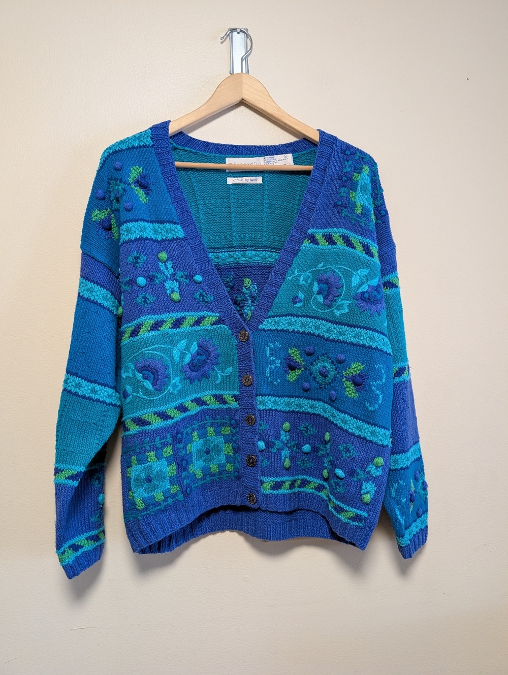 Robert Scott Ltd Hand Knit Cardigan Blue Teal Textured Size S - Picture 5 of 8